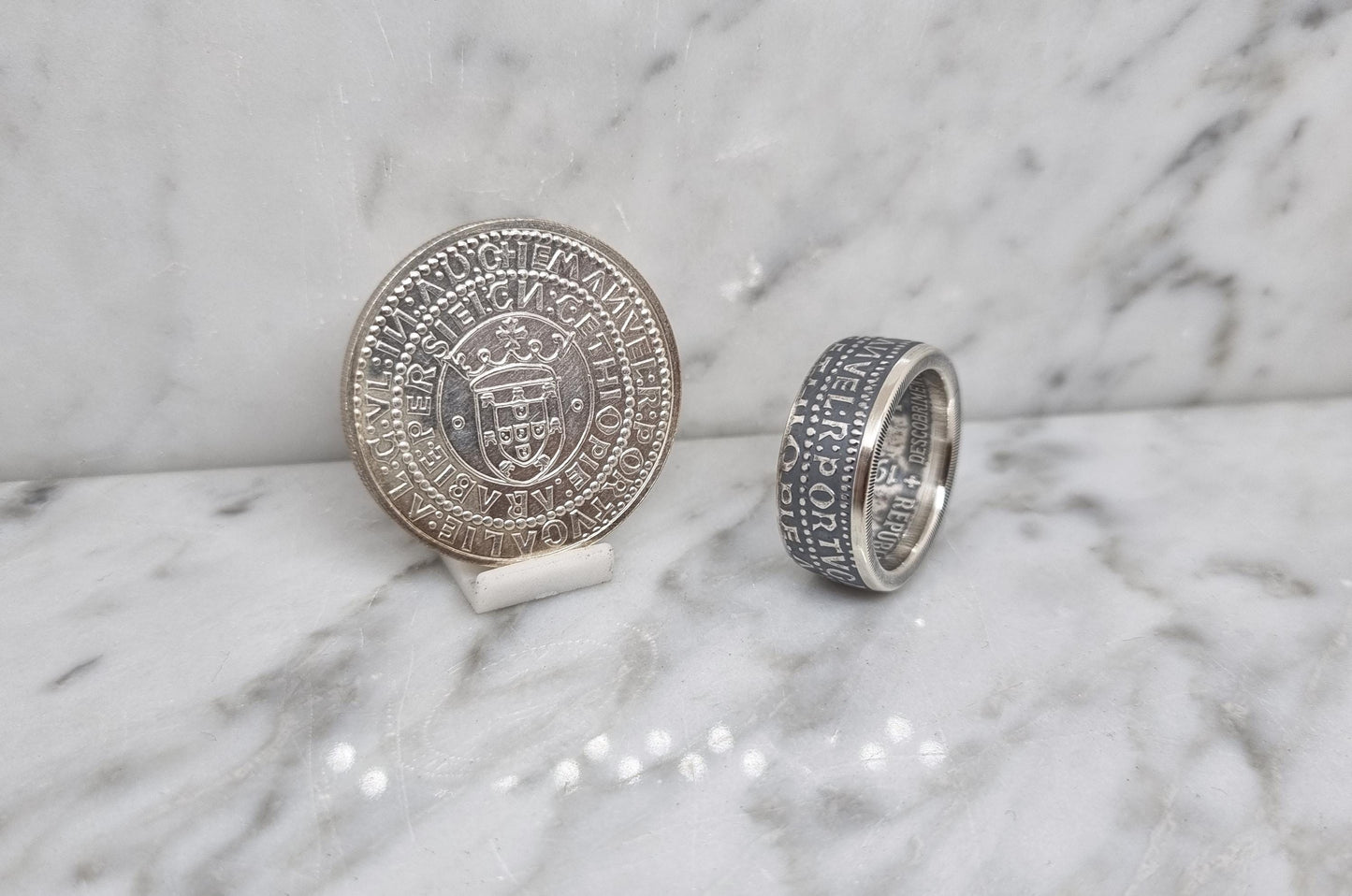 Bague pièce de monnaie 1000 Escudos "Exibition Européenne de l'art" du Portugal en argent (coin ring)