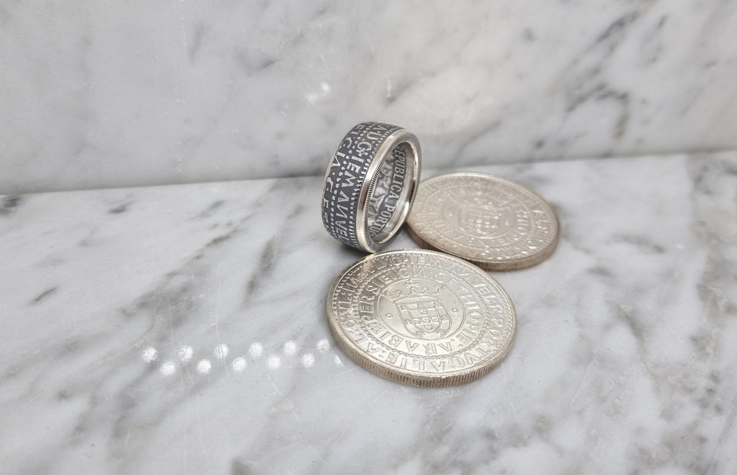 Bague pièce de monnaie 1000 Escudos "Exibition Européenne de l'art" du Portugal en argent (coin ring)