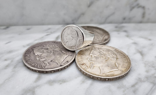 Chevalière massive pièce de monnaie 50 centimes Napoléon III en argent (coin ring)