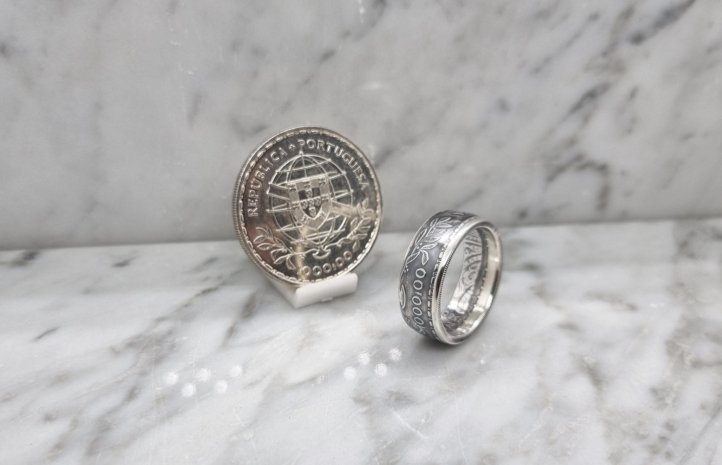 Bague pièce de monnaie 1000 Escudos " Louis de Camoes" du Portugal en argent (coin ring)